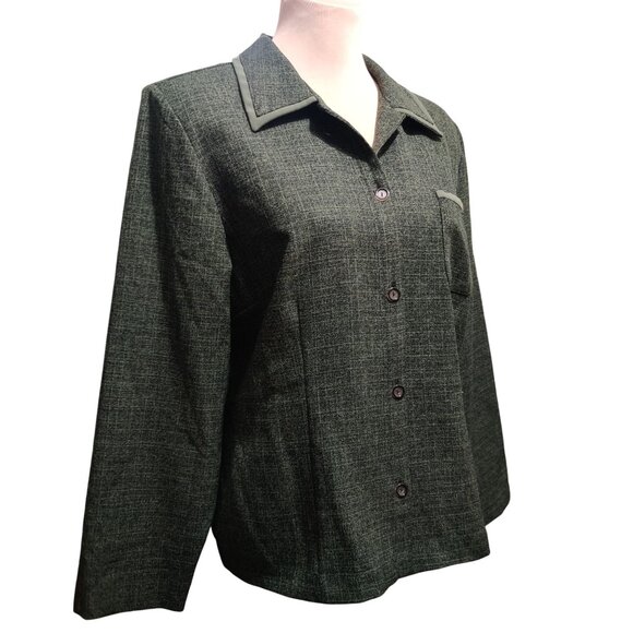 Sag Harbor L Womens Blazer Green Vintage Textured Suit Jacket Contrast Trim Chic - Picture 6 of 10